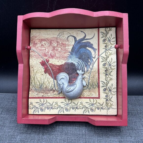 Vintage Wooden Red Napkin Holder w/ Metal Rooster Chicken Country Kitchen Rustic - Picture 1 of 12